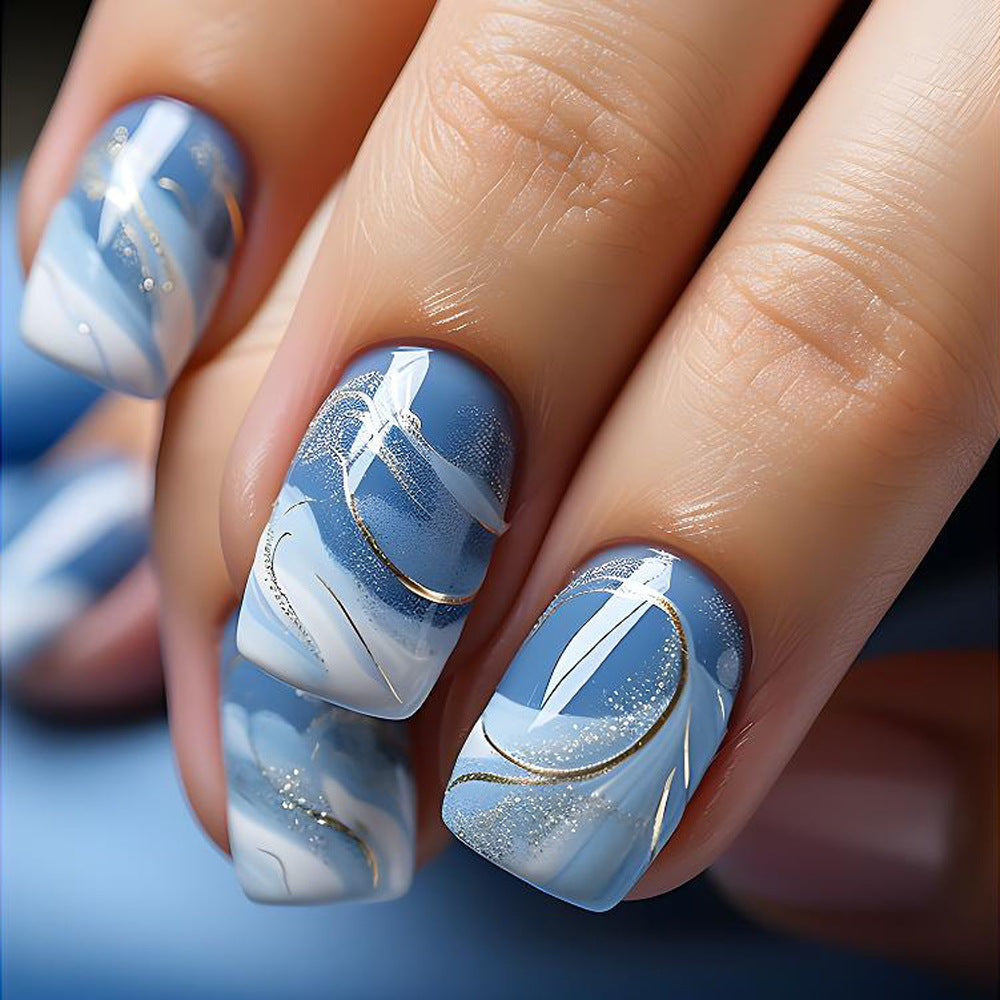 96PCS (4 PACK) Short Press on Nails Square False Nails Medium Length Acrylic Nails Gold Lines Fake Nails Glitter Ombre Glue on Nails Blue to Transparent Gradient Stick on Nails Full Cover Nails for Women